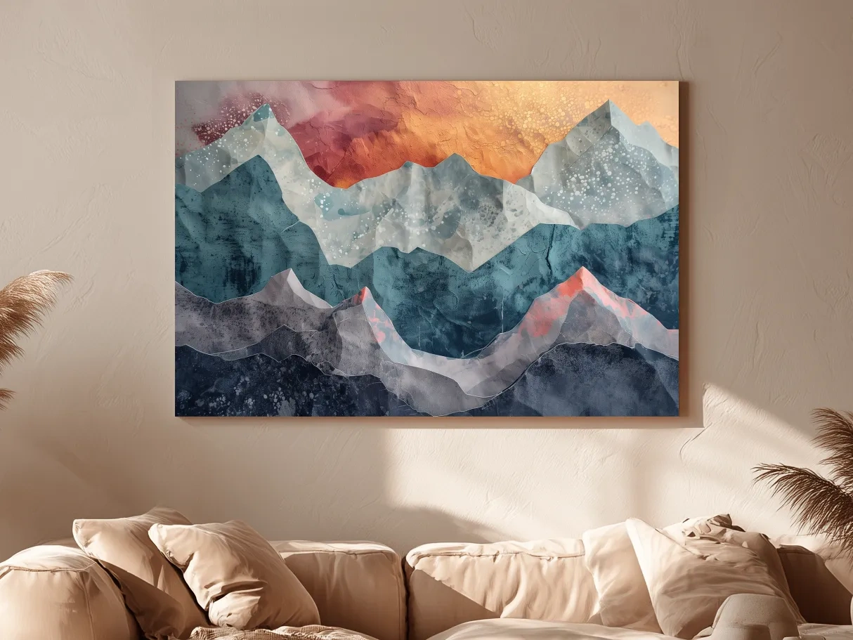 Layered Abstract Mountain Range Sunset - Modern 3D Mixed Media Landscape Wall Art
