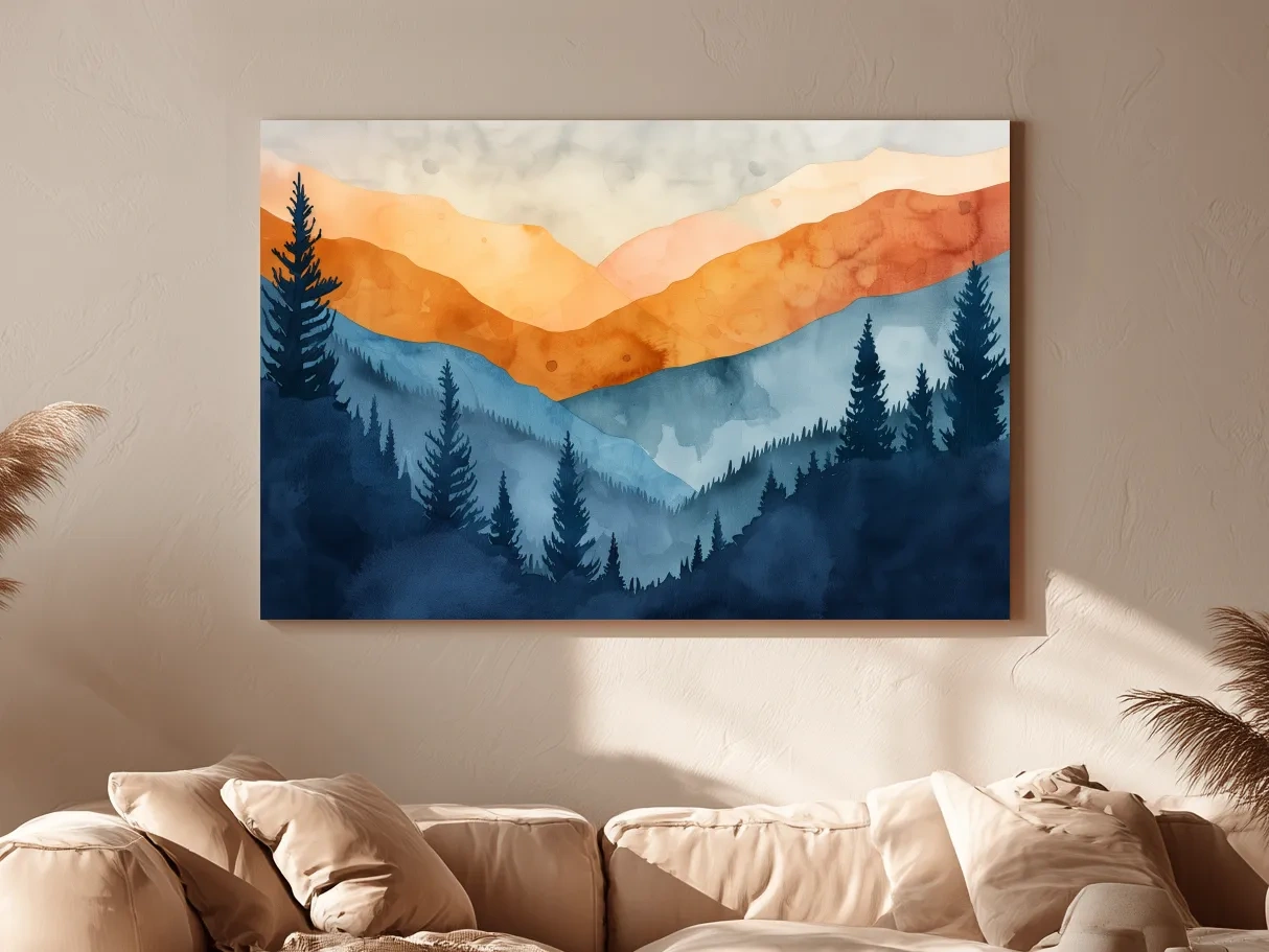 Moody Watercolor Mountain Range Silhouette - Pine Forest Painting Wall Art