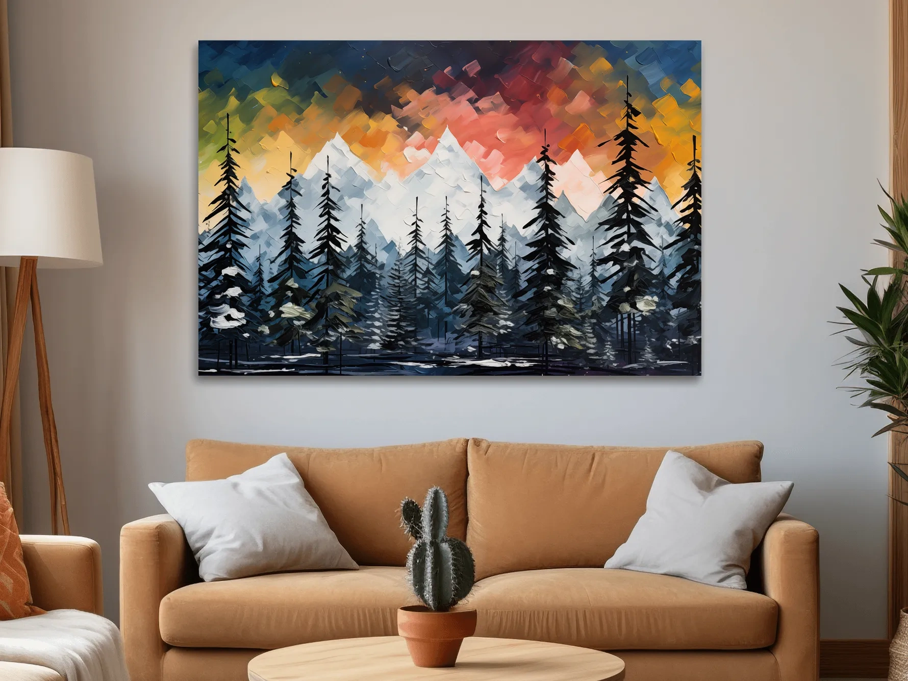 Bold textured palette knife effect impasto sunset mountain painting, treeline in the alpine