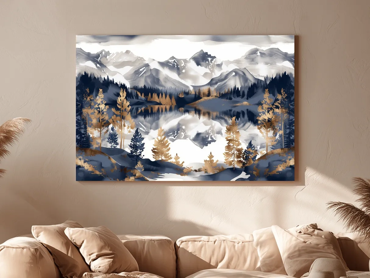 Gold Leaf Style Watercolor Alpine Lake Reflection - Mountain Landscape Artwork