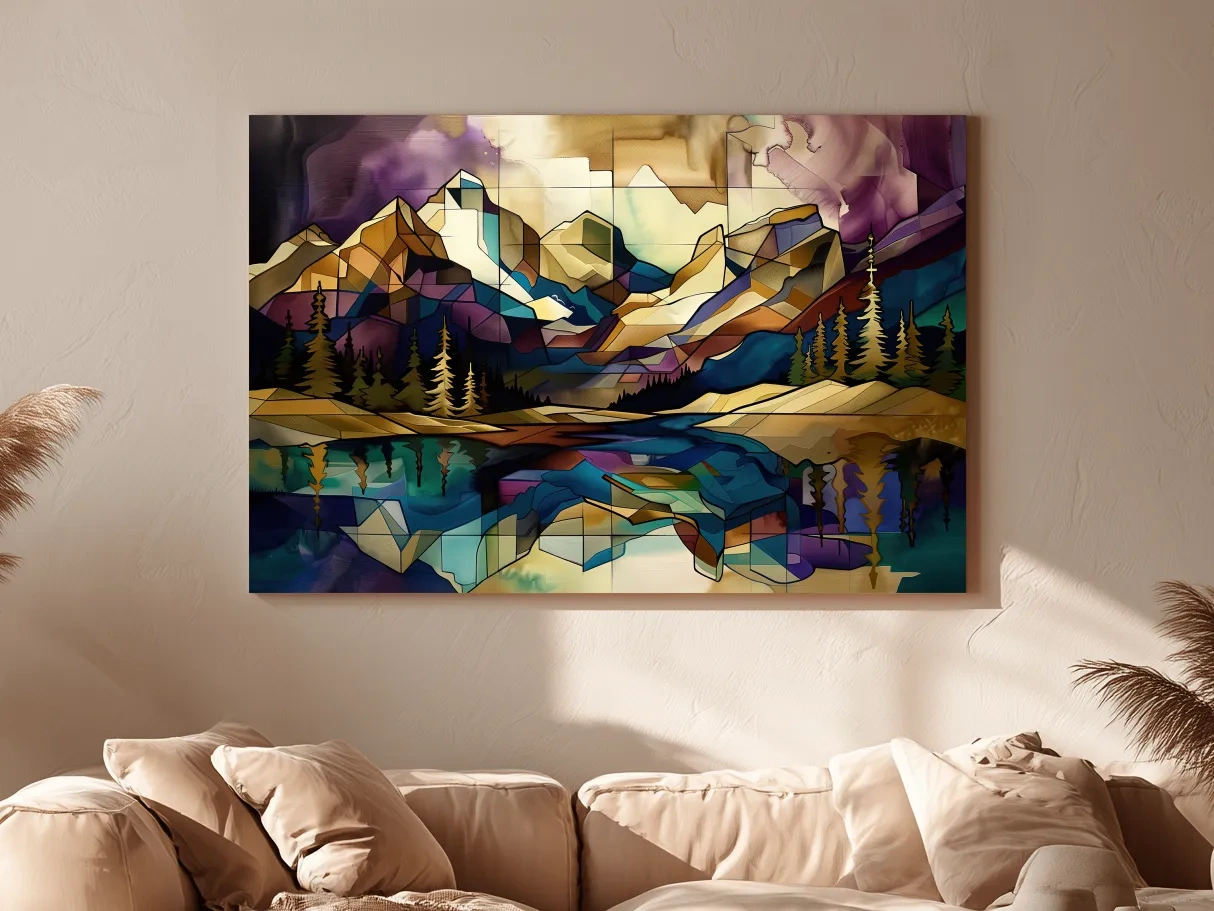 Geometric Stained Glass Mountain Lake Reflection - Colorful Abstract Landscape Artwork