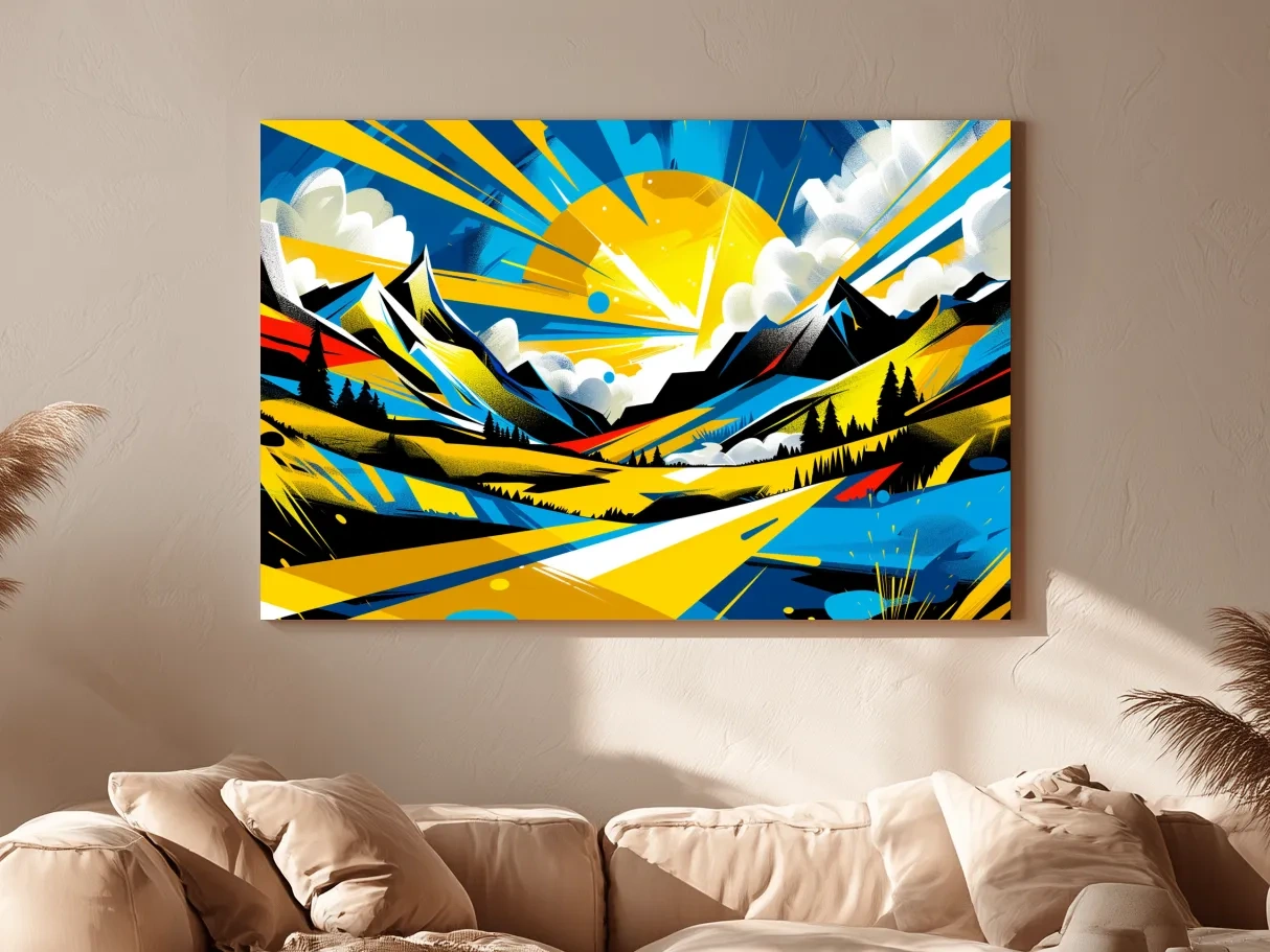 Graffiti style sunset mountain wall art, vibrant bright colorful artwork