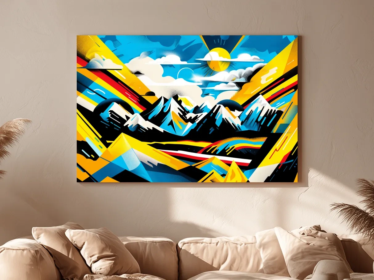 Vibrant Colorful Mountain Sunrise Illustration - Graffiti Style Landscape Wall Art