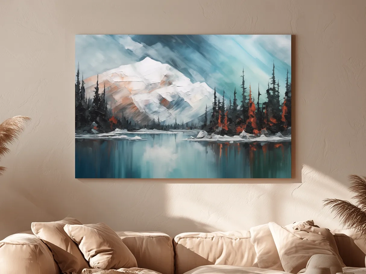 Alpine Glacier Lake Impasto Style Painting - Textured Forest Wall Art