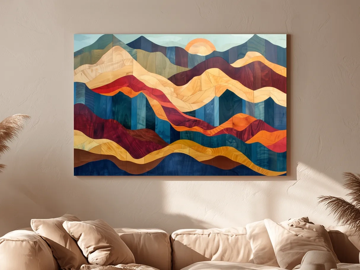 Layered Abstract Mountain Sunset Woodgrain - Mid Century Modern Wall Art