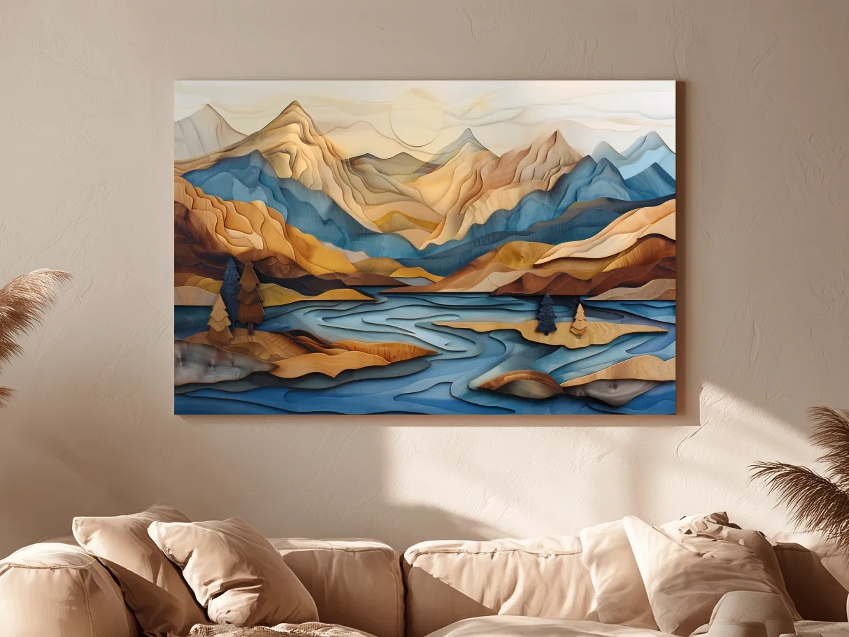 Wood Intarsia Style Alpine Mountain Lake Landscape - Modern Abstract Wall Art