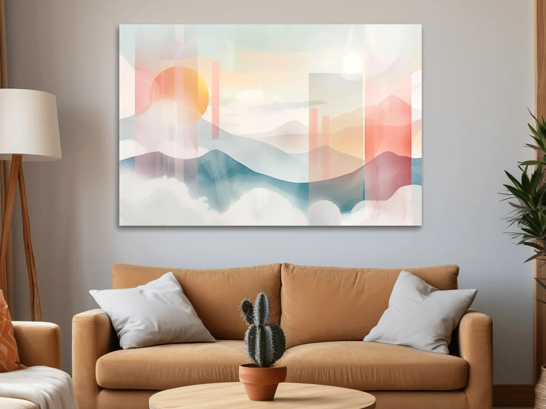 Mountains at sunset, soft pastel watercolor painting wall art