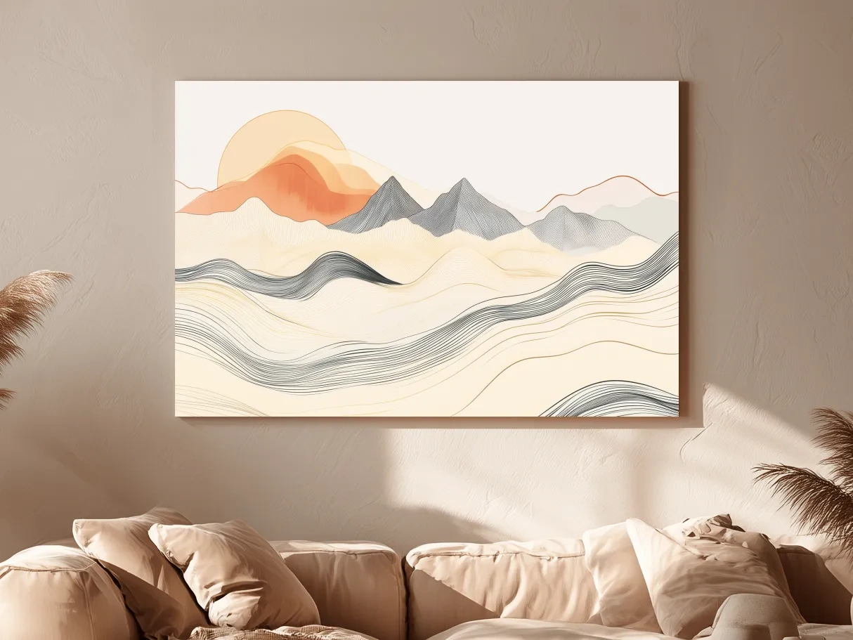 Minimalist Line Art Mountain Sunset - Abstract Landscape Wall Art