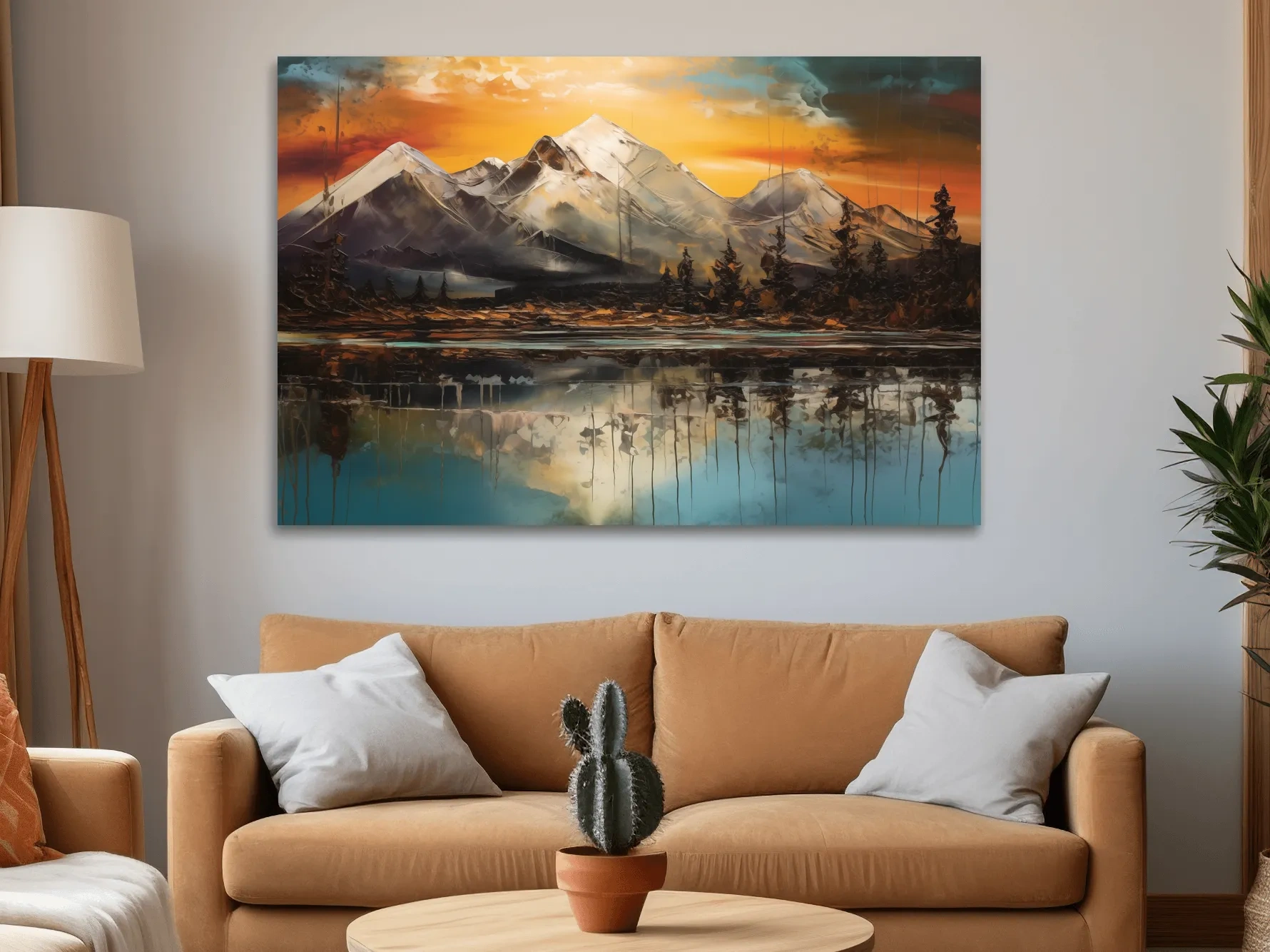 Abstract oil painting of an alpine lake at sunset
