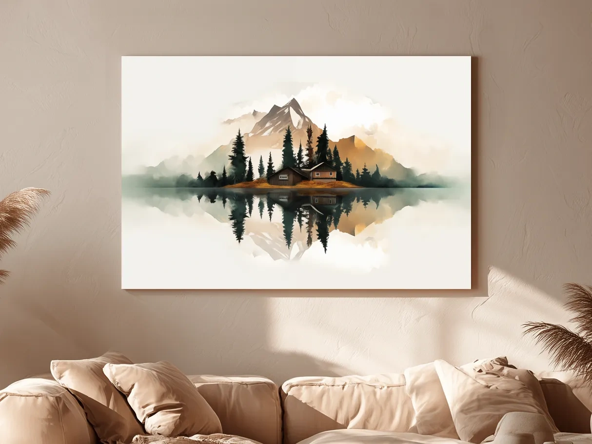 Minimalist Mountain Cabin Lake Reflection - Misty Watercolor Landscape Wall Art