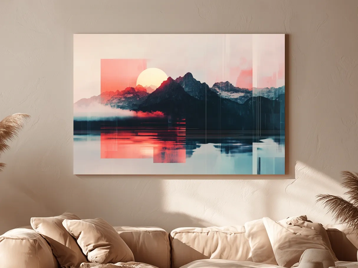 Abstract Alpine Mountain Sunset Reflection - Modern Geometric Glitch Wall Art