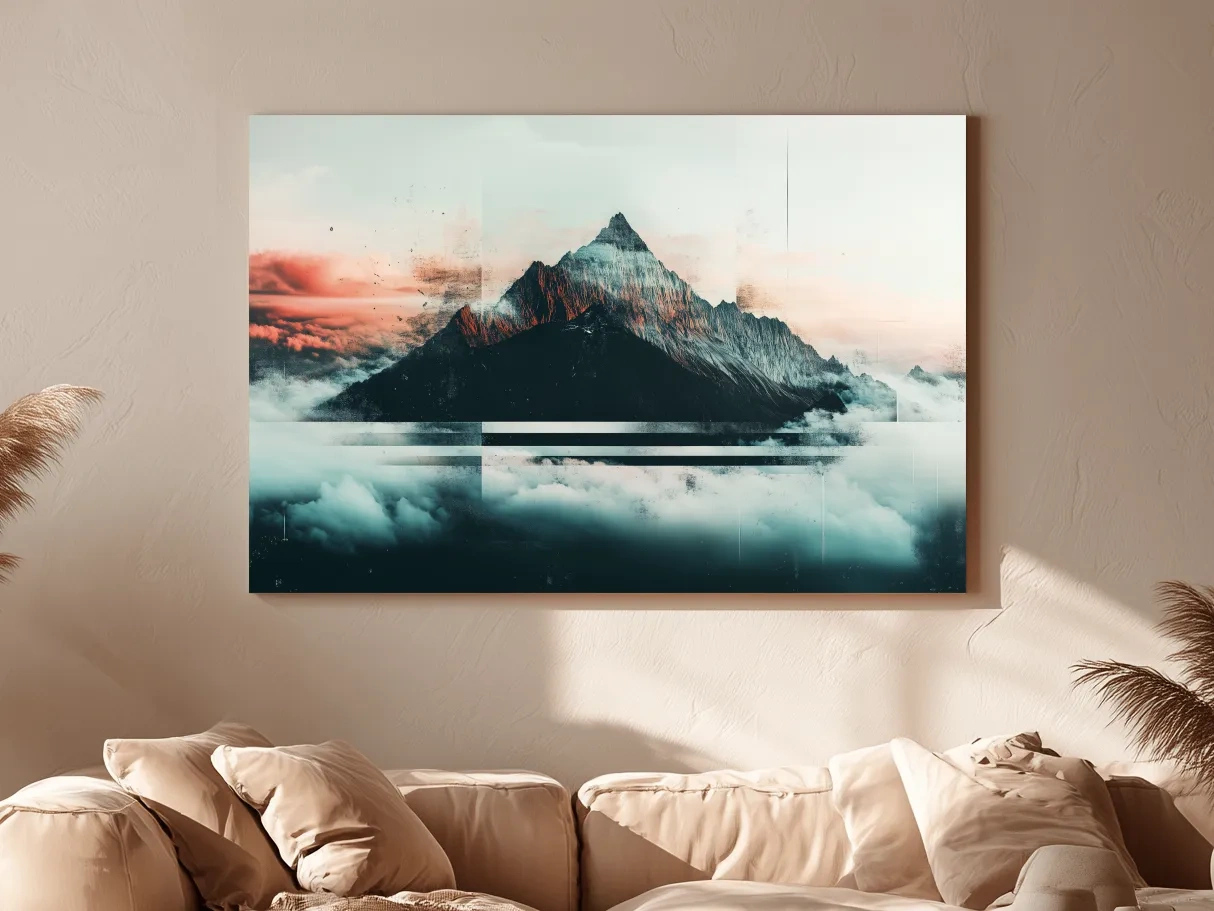 Abstract Sunset Alpine Peak Above Clouds - Glitch Style Mountain Wall Art