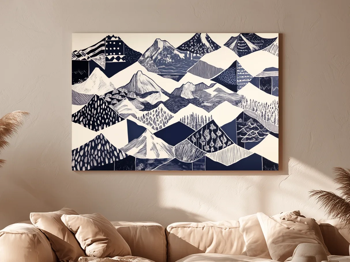Linocut Patchwork Mountain Range Illustration - Modern Landscape Artwork