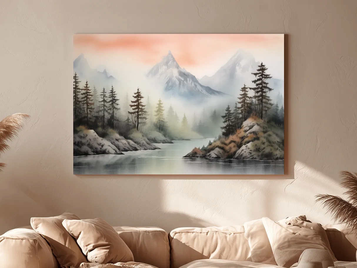 Misty Watercolor Mountain Lake Landscape - Serene Pine Forest Wall Art
