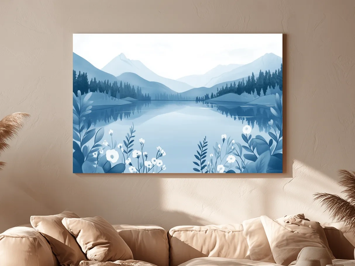 Serene Mountain Lake Illustration - Minimalist Alpine Landscape Wall Art