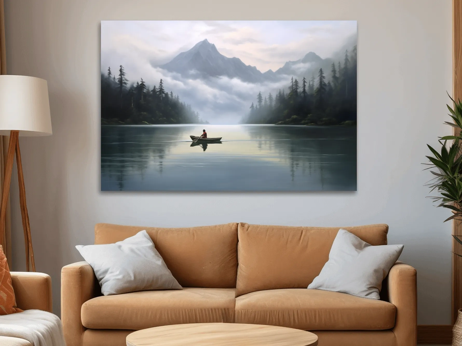 Misty Mountain Alpine Lake Canoe Scene - Serene Landscape Wall Art