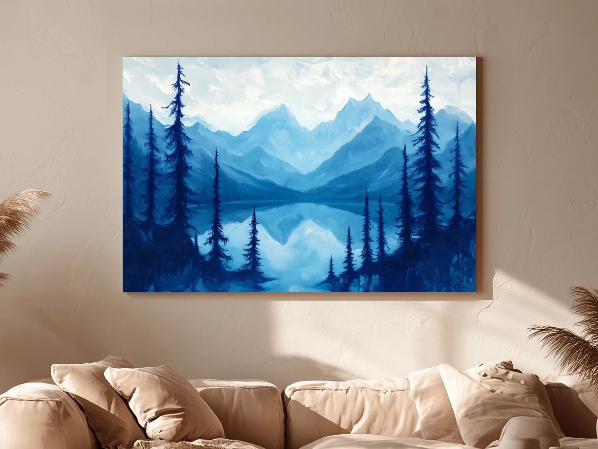 Serene Blue Mountain Lake Oil Painting - Alpine Forest Landscape Artwork