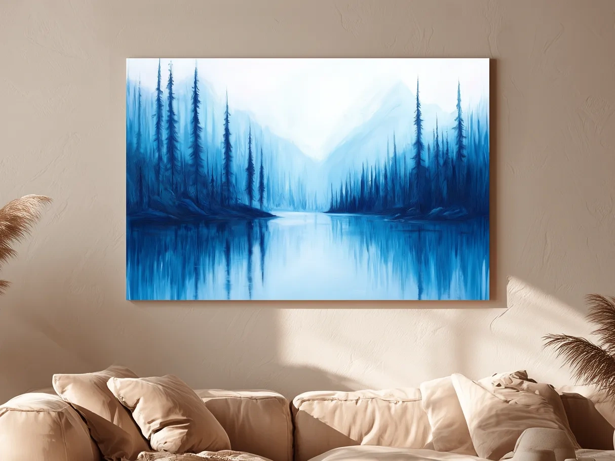 Misty Blue Alpine Lake & Pine Forest - Impressionist Landscape Painting Artwork