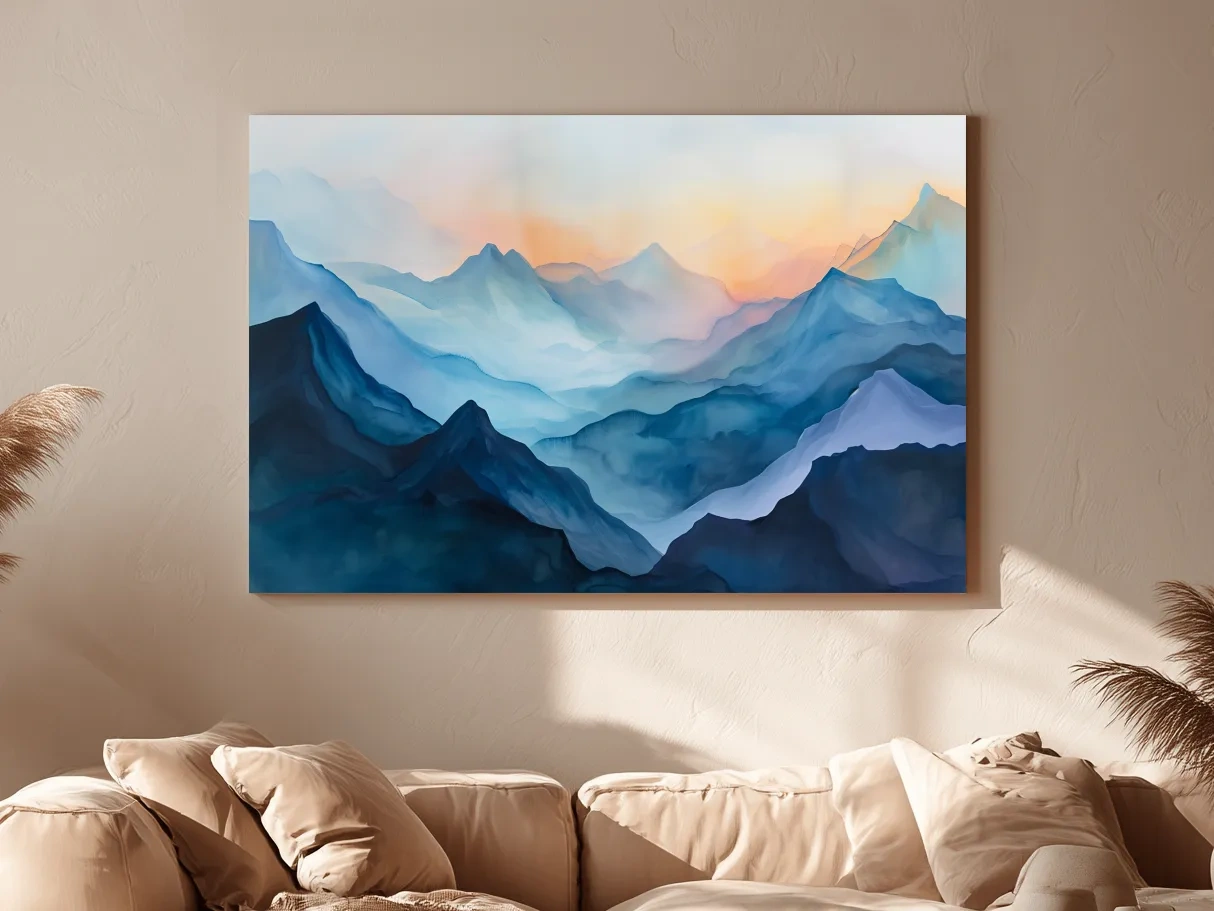 Misty Sunrise Watercolor Mountain Range - Serene Abstract Landscape Wall Art