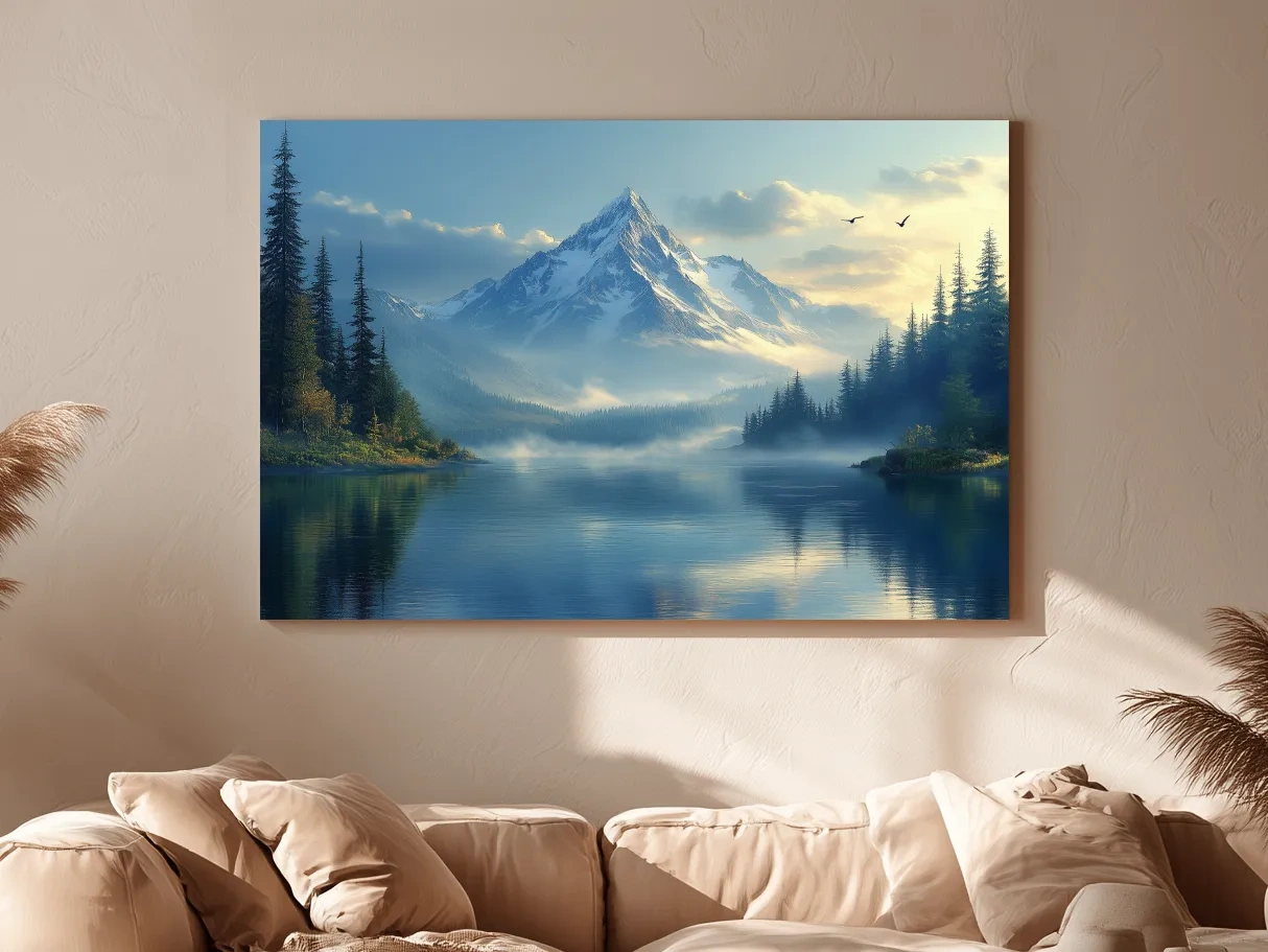 Misty Alpine Mountain Lake Sunset - Pine Forest Artwork