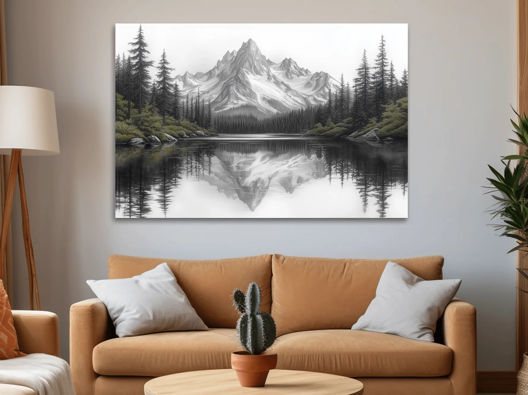 Monochrome Alpine Mountain Lake Reflection Sketch Artwork - Minimalist Forest Landscape Wall Art