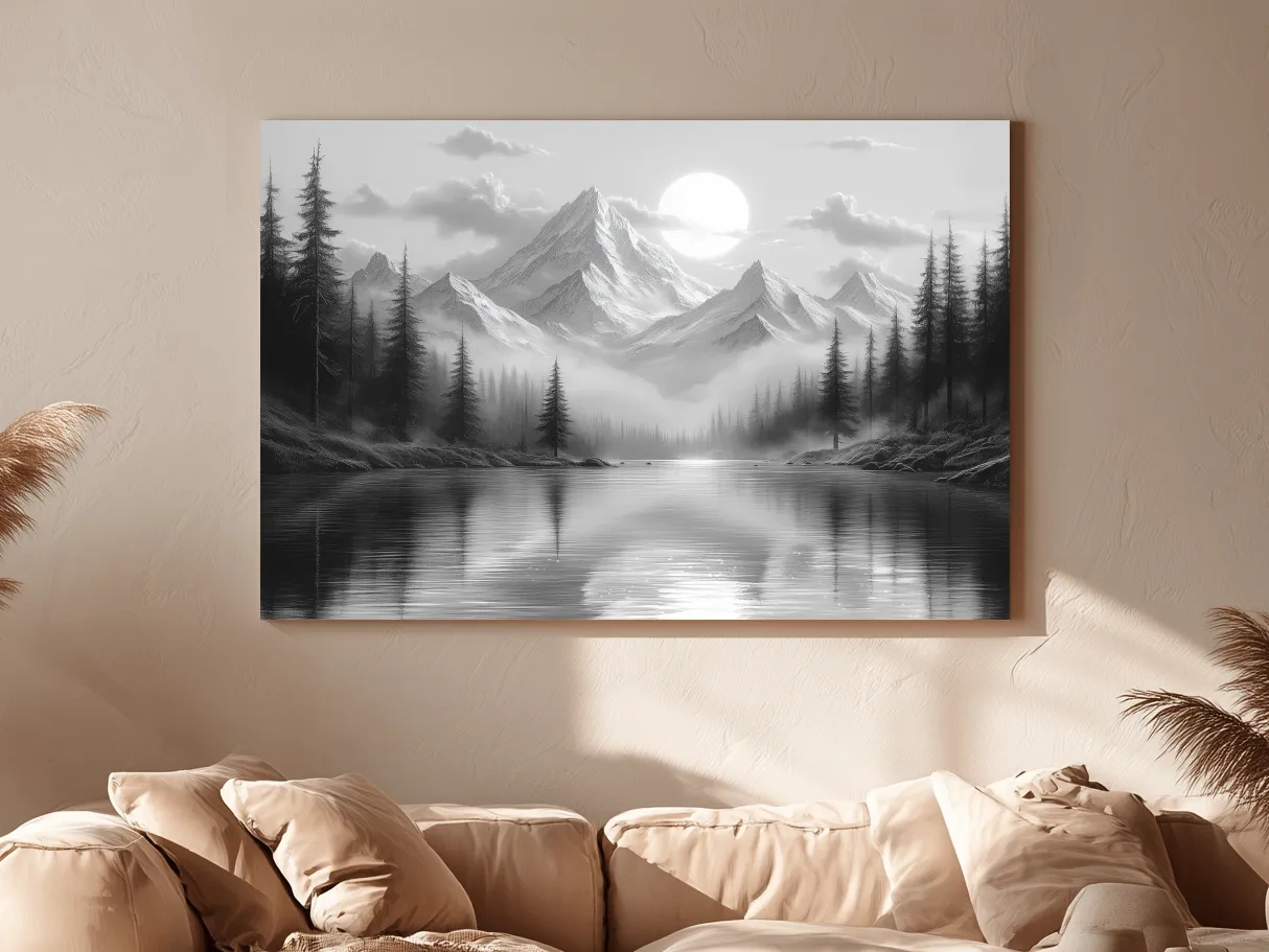 Monochrome Misty Alpine Lake Landscape - Mountain Forest Wall Art
