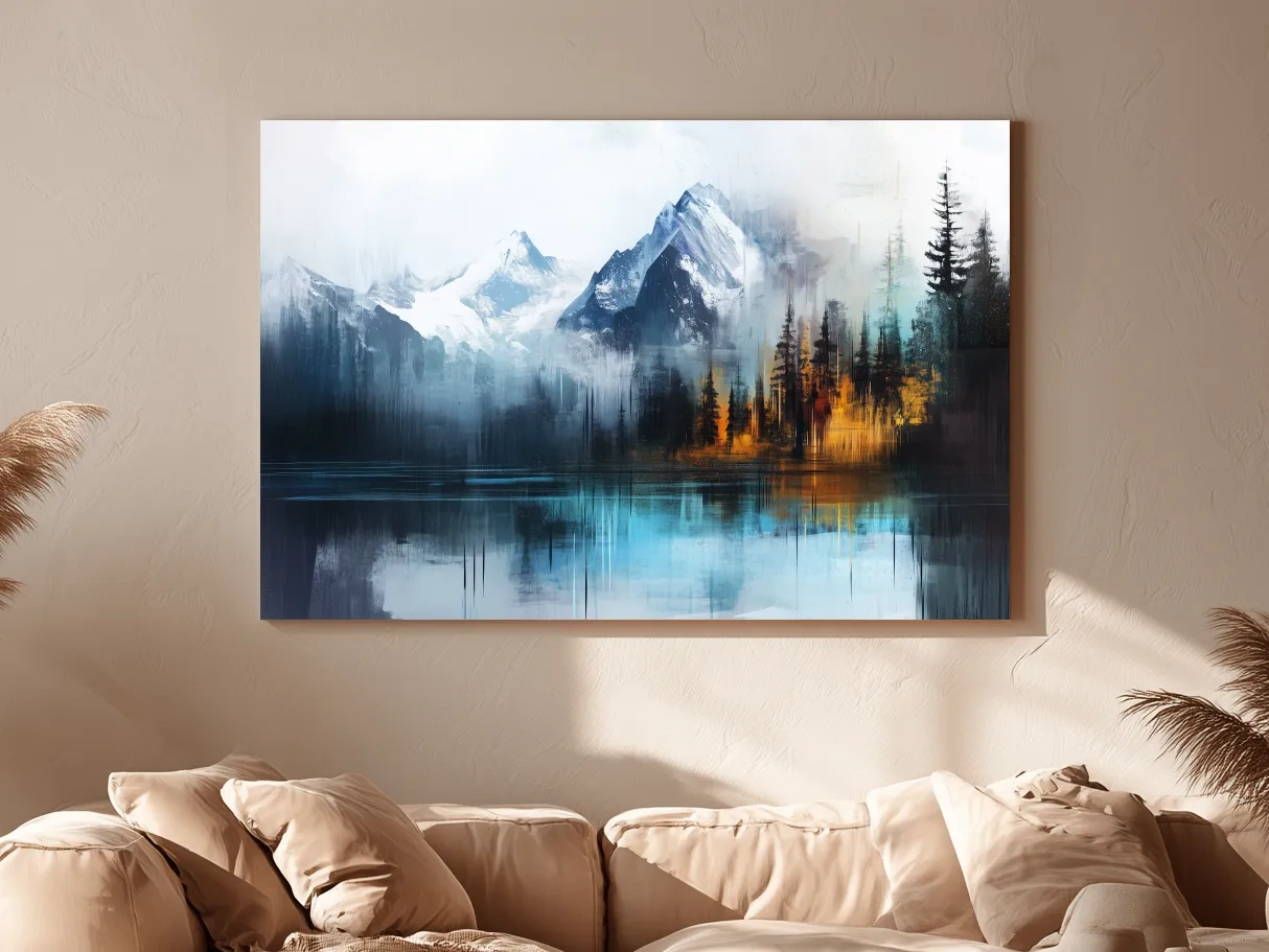 Misty Mountain & Lake Reflection - Abstract Painting Pine Forest Wall Art