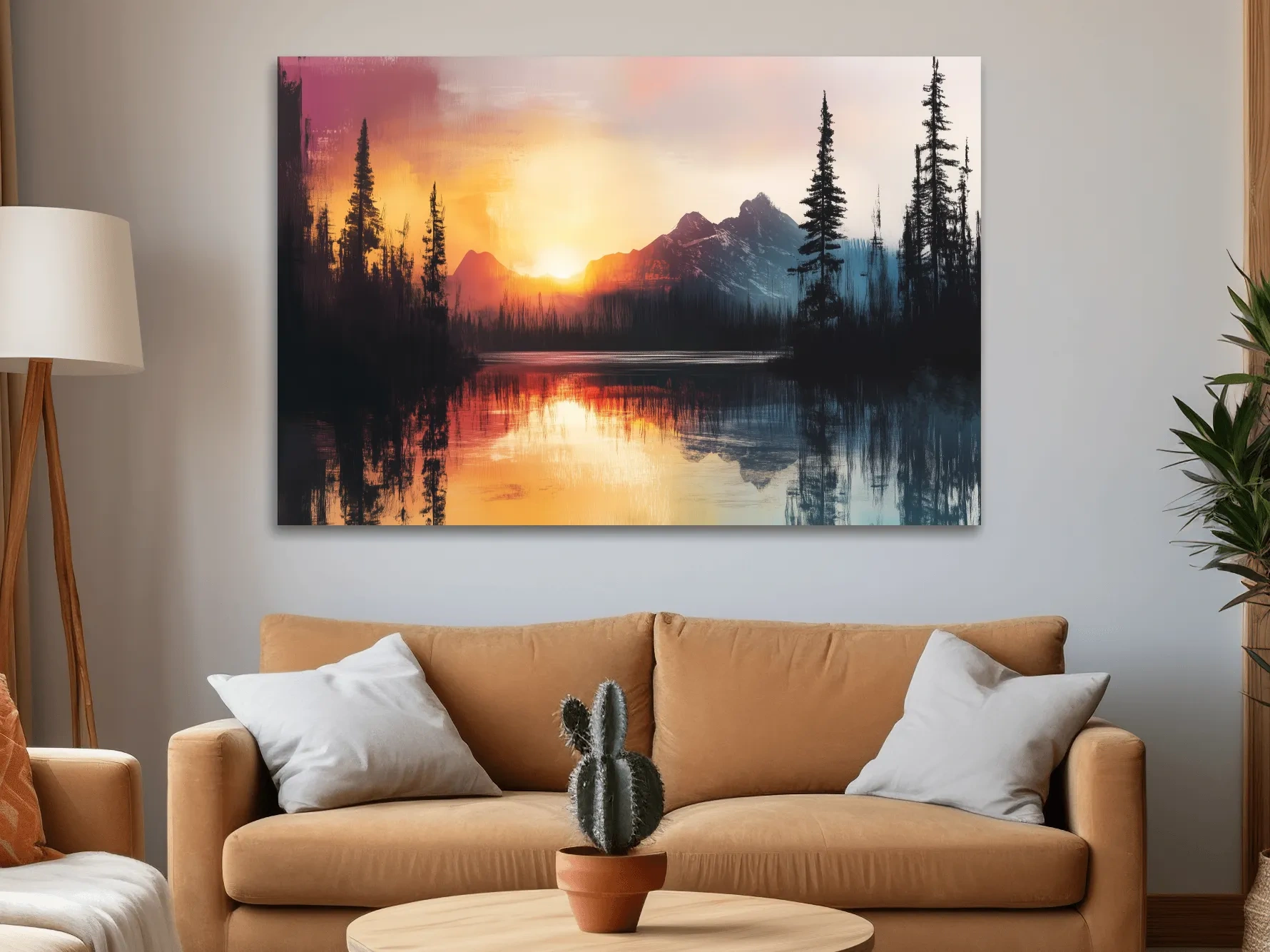 Sunset Mountain Lake Reflection Painting - Dramatic Pine Forest Landscape Wall Art