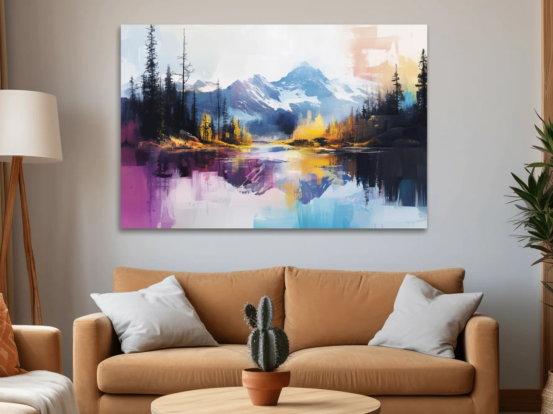 Vibrant Abstract Mountain Lake Reflection Painting - Colorful Modern Landscape Wall Art