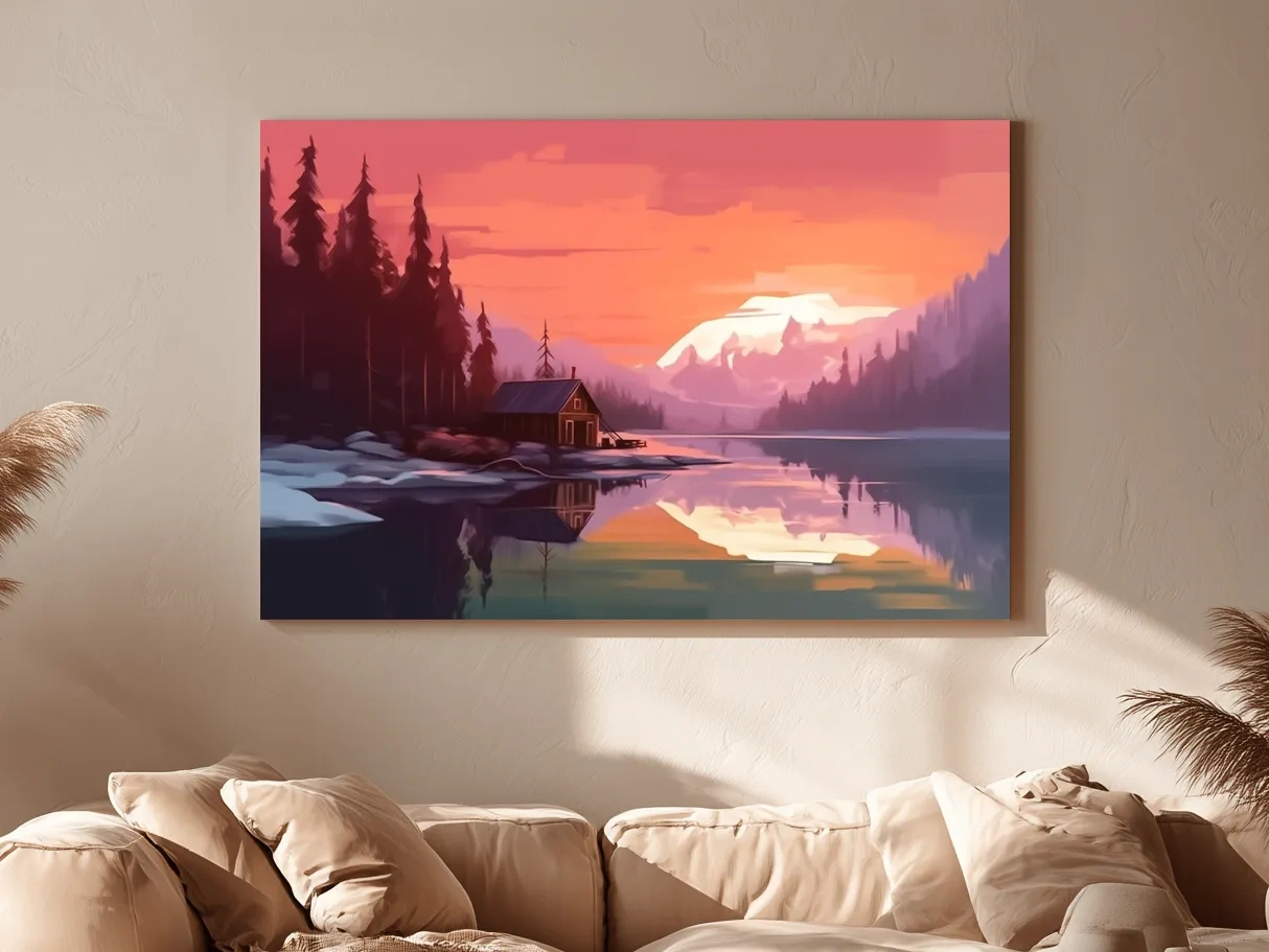 Sunset Mountain Lake Cabin Painting - Serene Alpine Landscape Wall Art