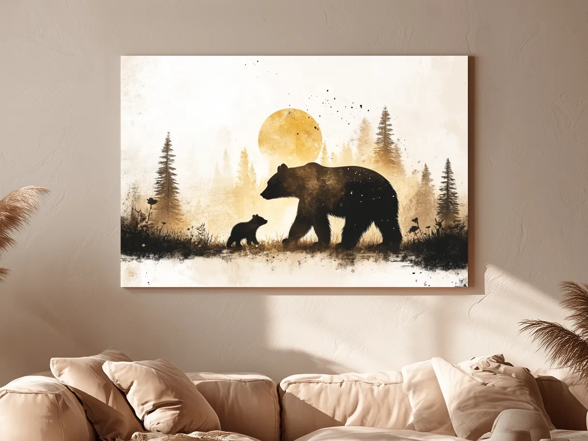 Momma Bear And Cub Watercolor Silhouette - Rustic Forest Wildlife Wall Art