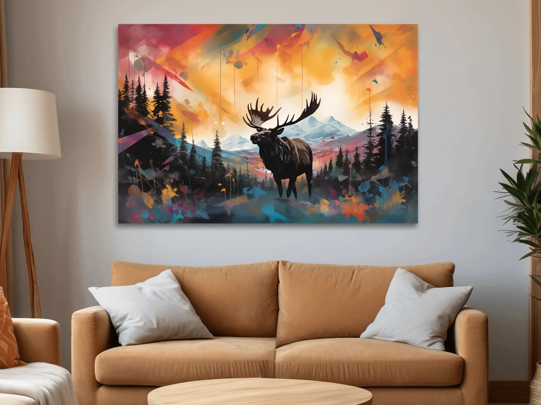 Vibrant Abstract Moose Mountain Painting - Colorful Wildlife Wall Art