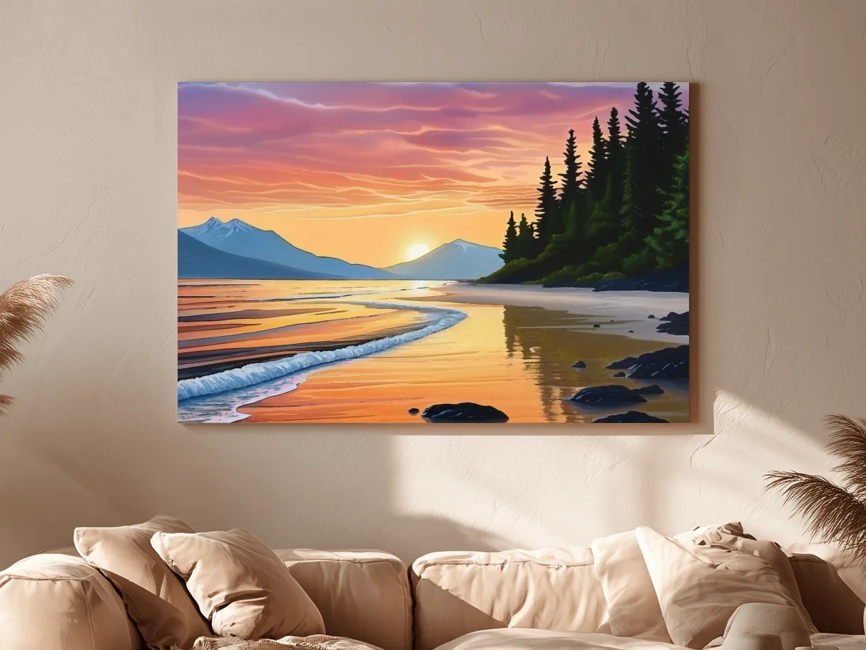 Pacific Northwest Coastal Sunset Beach Painting - Vibrant Pine Wall Art