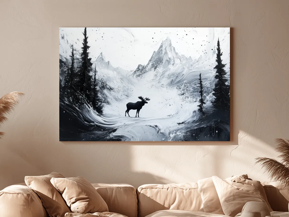 Moody Monochrome Moose Alpine Meadows - Abstract Ink Wash Wildlife Wall Art