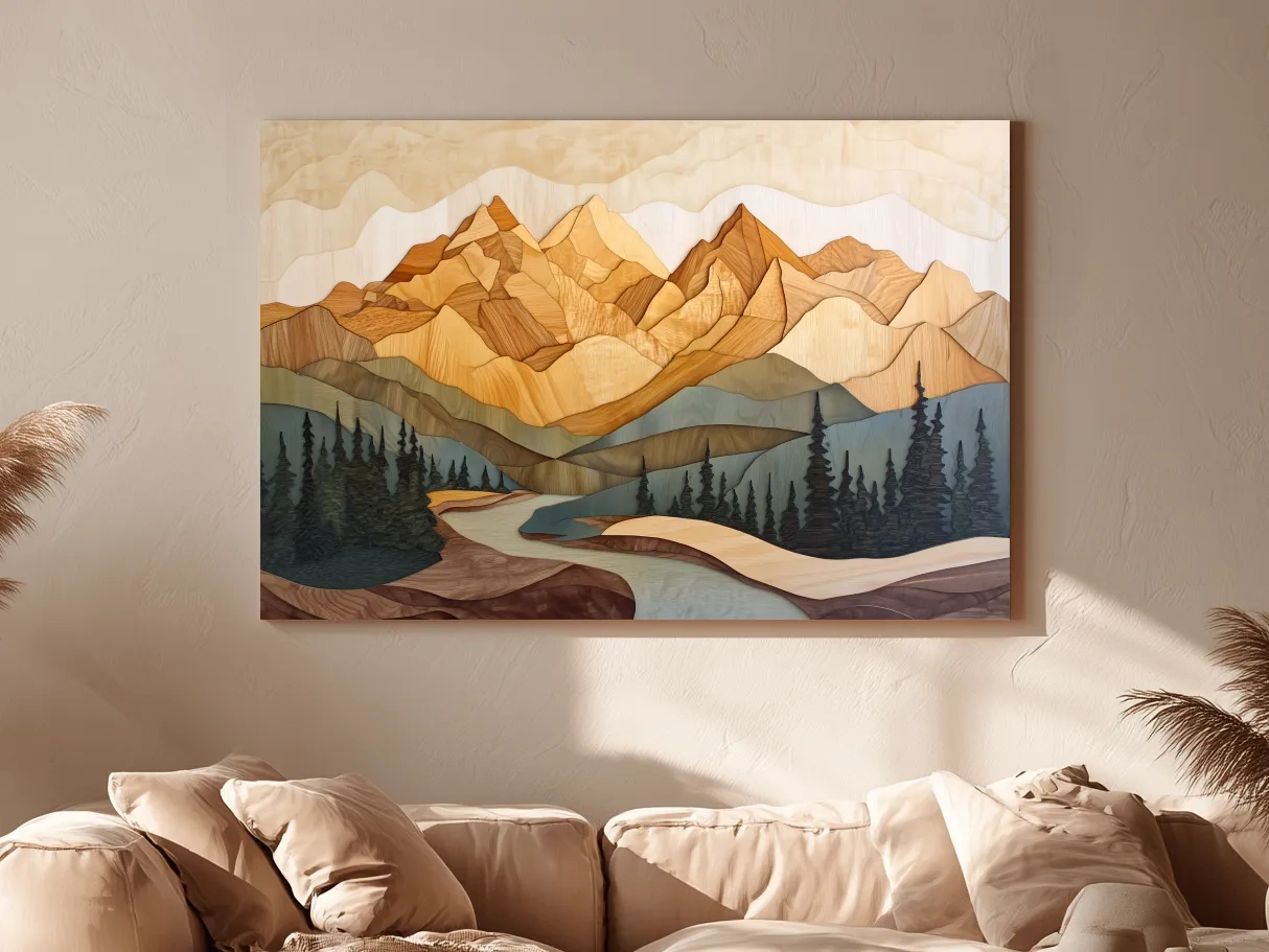 Wood Intarsia Mountain Landscape - Warm Earth Tone Alpine Forest Wall Art