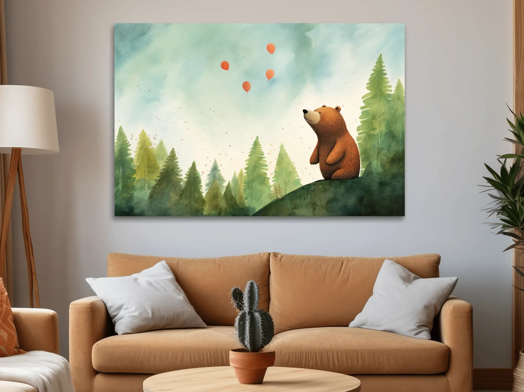 Whimsical Watercolor Bear Watching Balloons - Cute Nursery Forest Wall Art