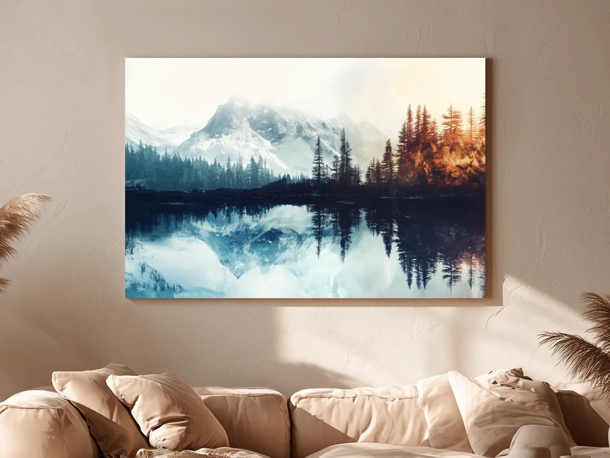 Misty Alpine Lake Reflection Landscape - Mountain Forest Sunrise Wall Art