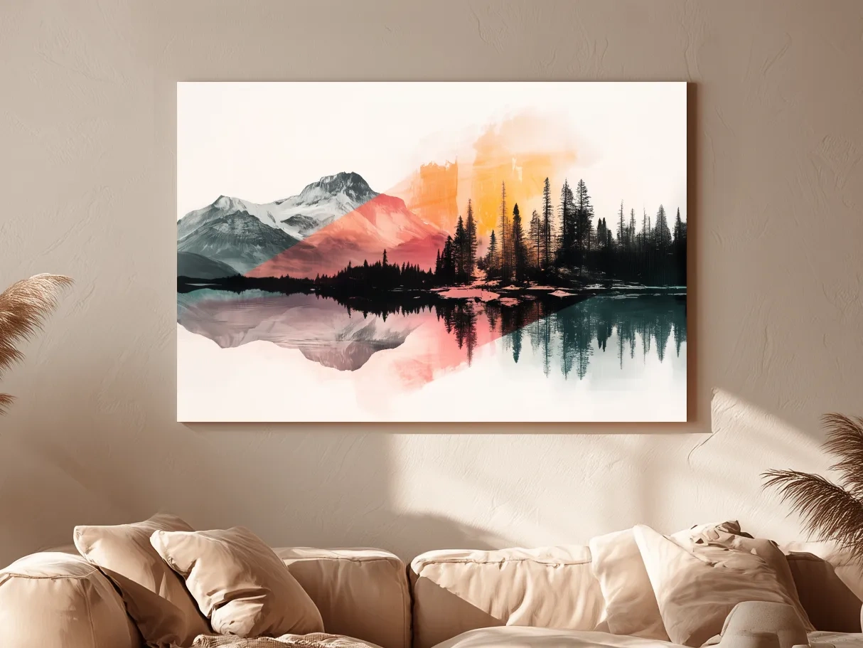 Abstract Alpine Lake Reflection Painting - Modern Watercolor Forest Landscape Wall Art