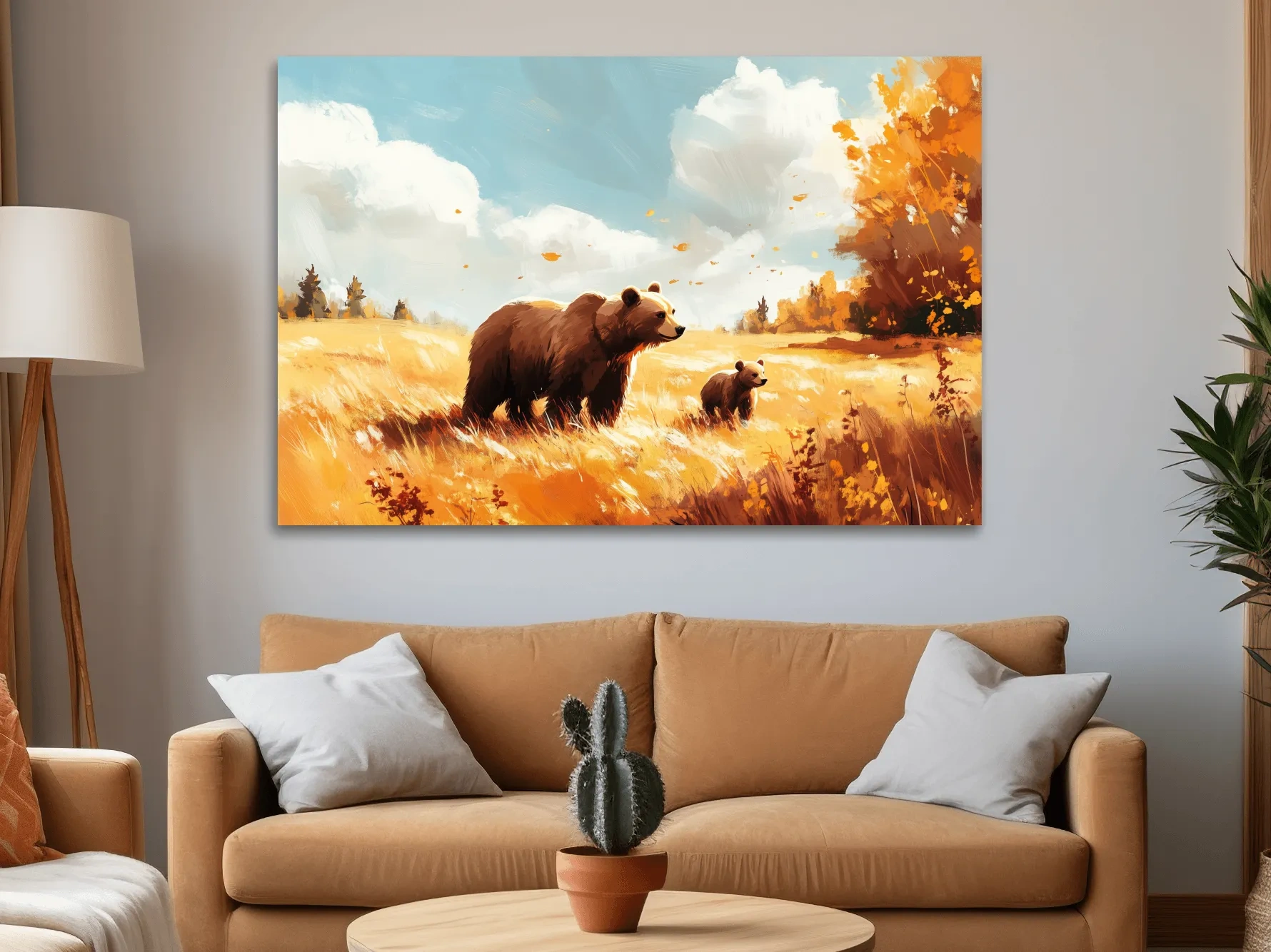 Autumn wildlife wall art, mother bear and cub in a golden meadow, painterly and impressionism style