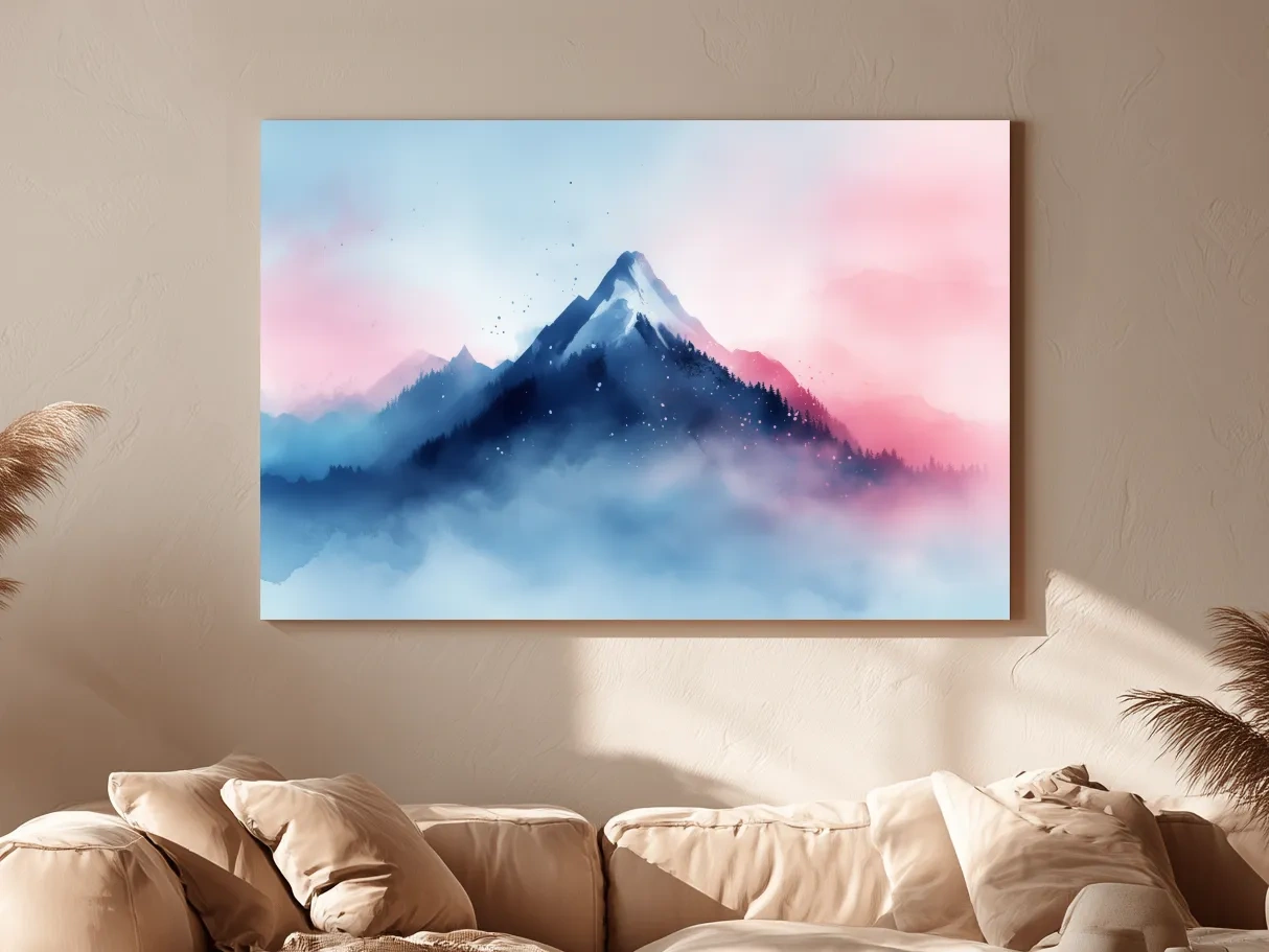 Dreamy mountain painting artwork, glacial peaks above the clouds in pastel hues