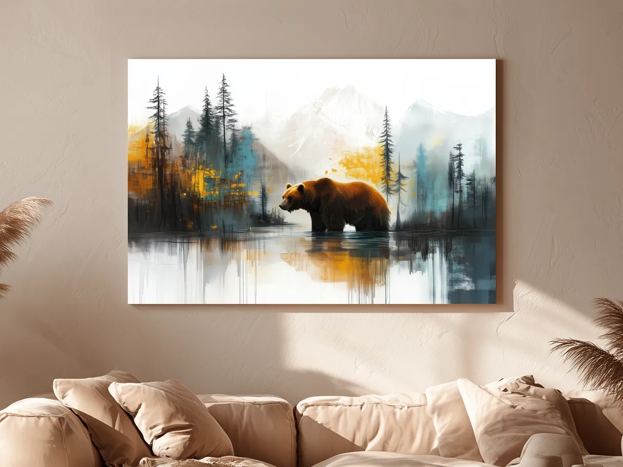 Grizzly Bear Lake Reflection - Misty Mountain Forest Watercolor Style Artwork