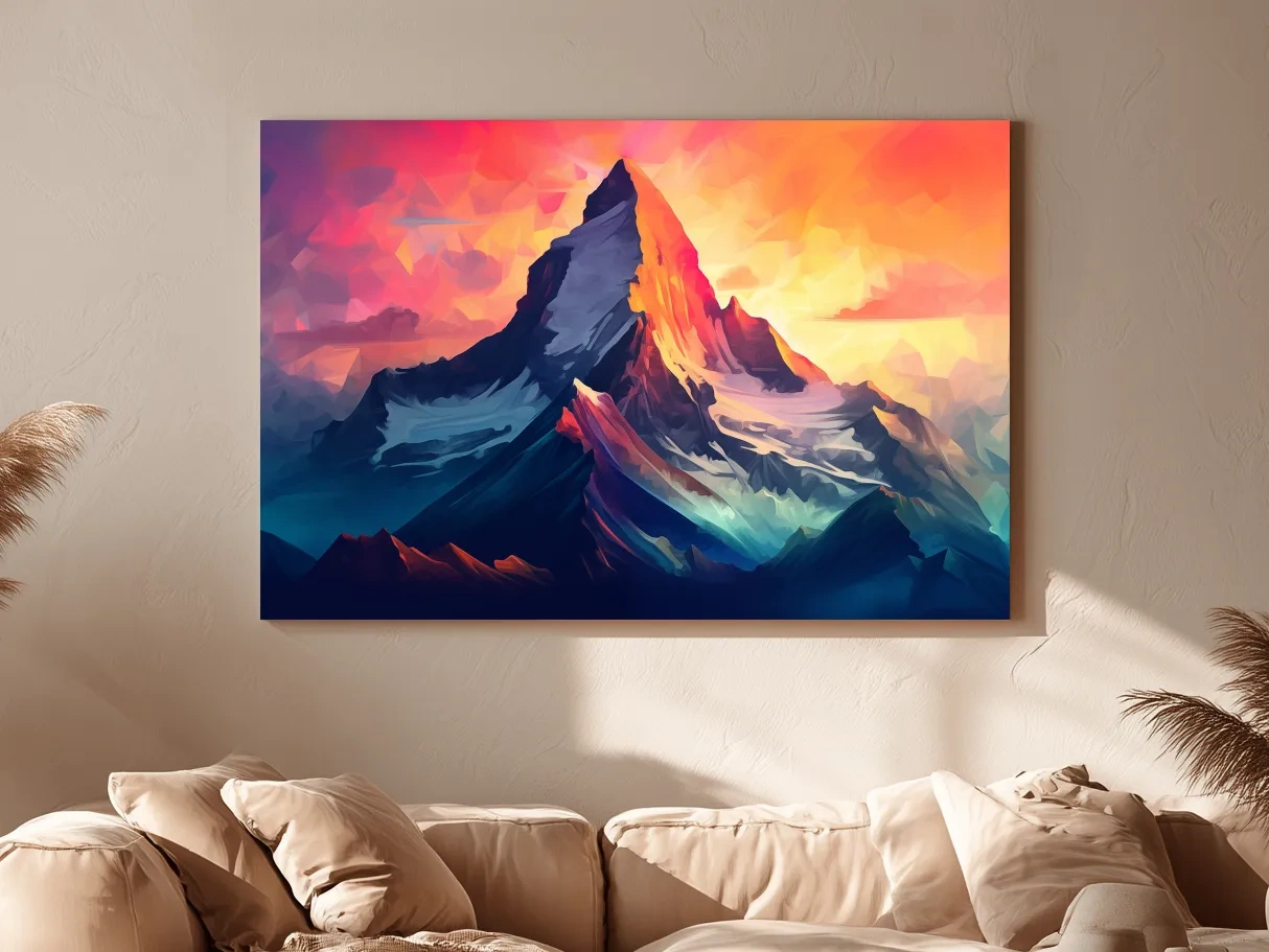 Vibrant Geometric Alpine Peak Sunrise - Modern Abstract Mountain Wall Art