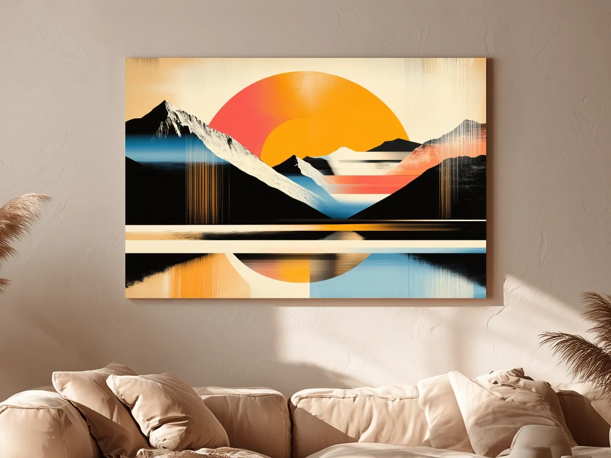 Retro Abstract Alpine Lake Sunset Artwork - Geometric Landscape Wall Art
