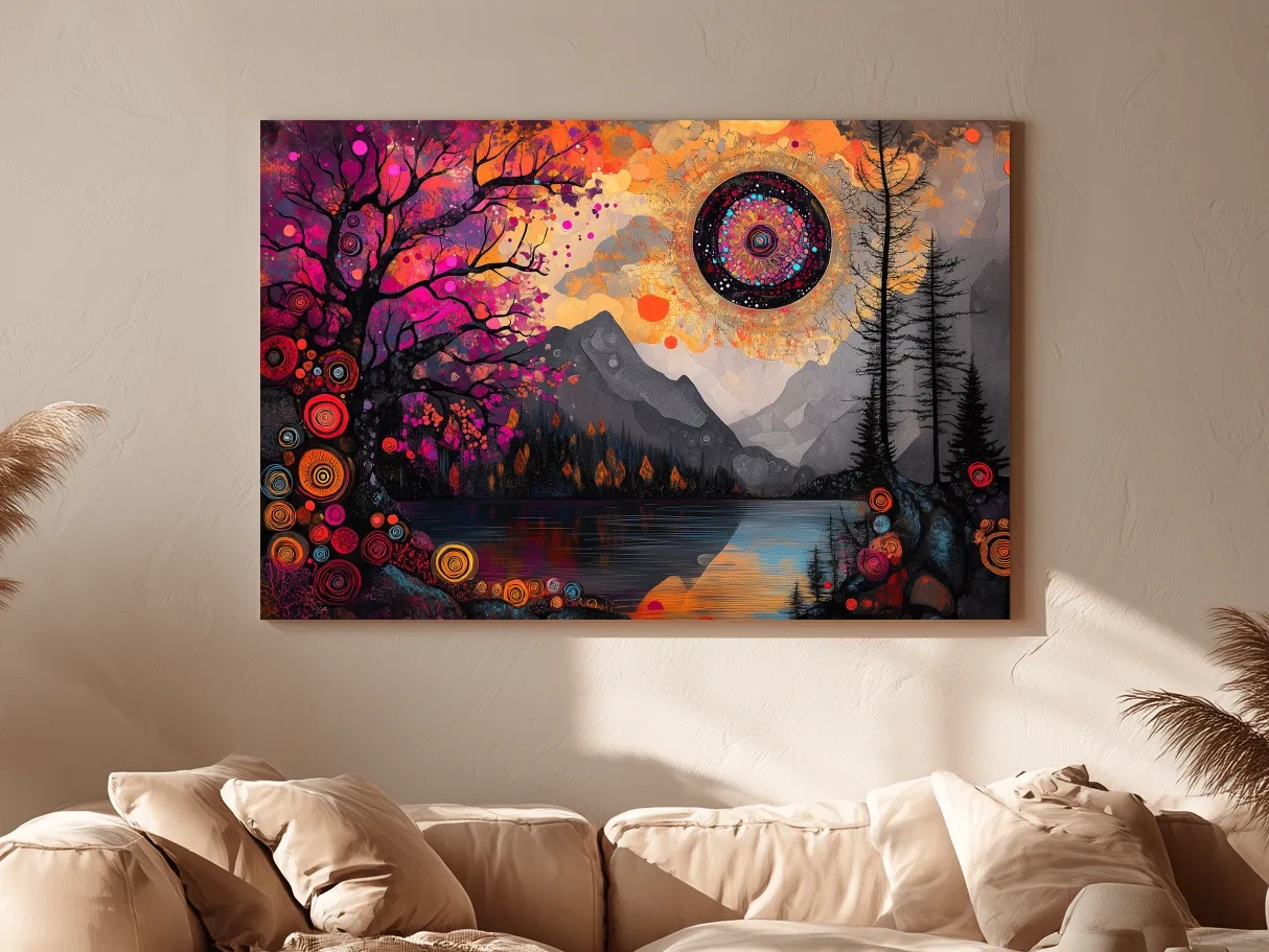 Psychedelic Mountain Lake Sunset Mandala - Vibrant Surreal Landscape Wall Art