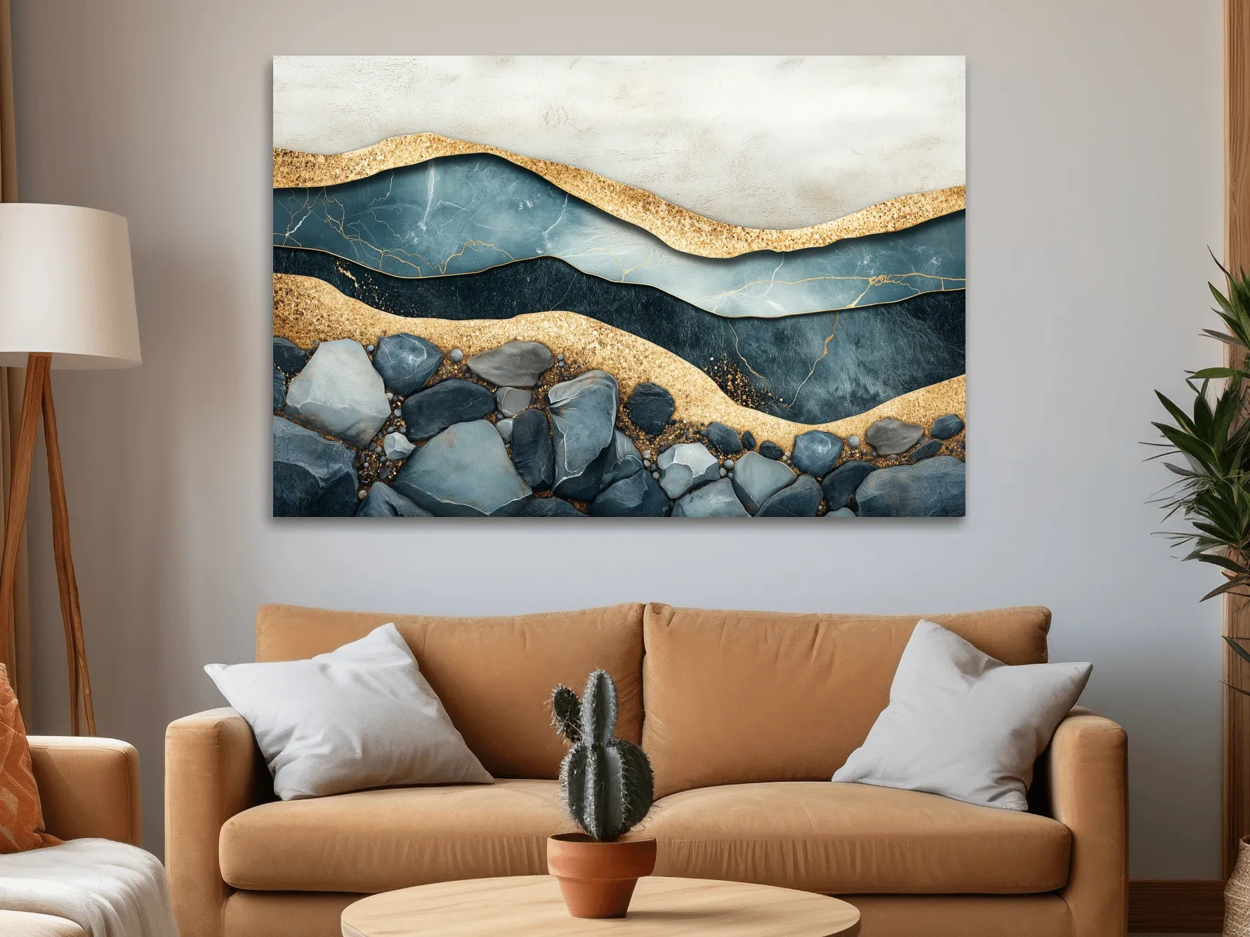 Elegant riverbed sand and rock artwork, modern textured wall art with natural sediment layers