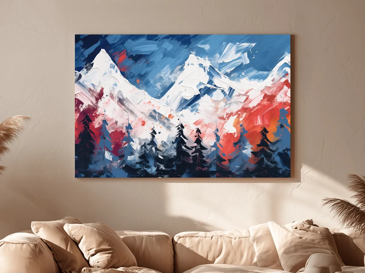 Vibrant Abstract Snowcapped Mountain Peaks - Bold Alpine Forest Landscape Art