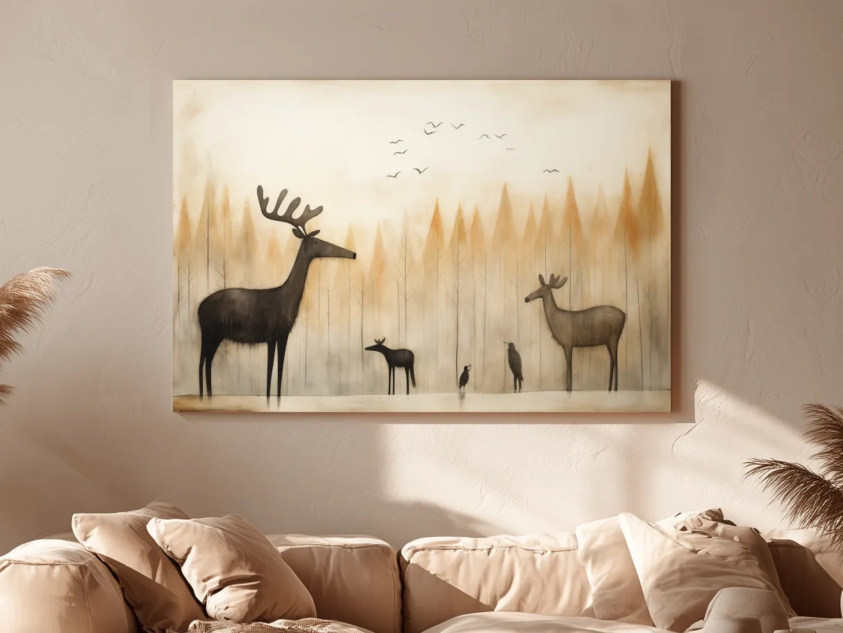 Minimalist Woodland Deer Family Illustration - Scandinavian Nursery Forest Wall Art