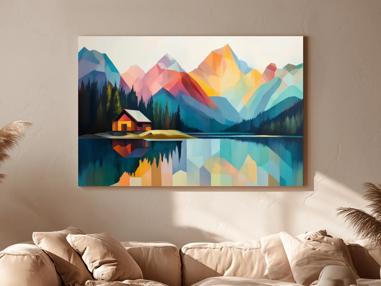 Vibrant Geometric Mountain Lake Cabin - Modern Abstract Landscape Wall Art