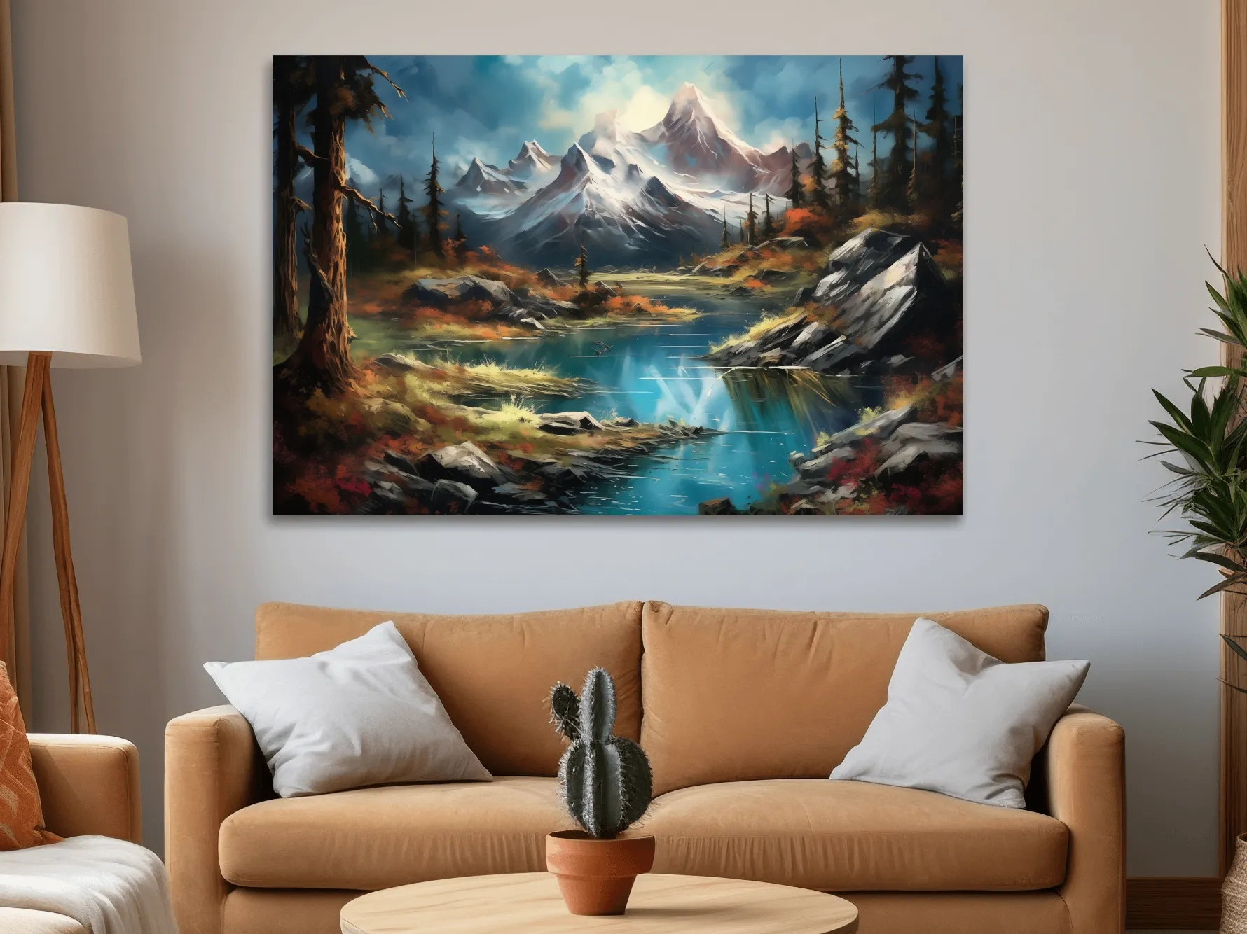 Serene alpine lake and snow-capped mountains wall artwork, vibrant scenic painting