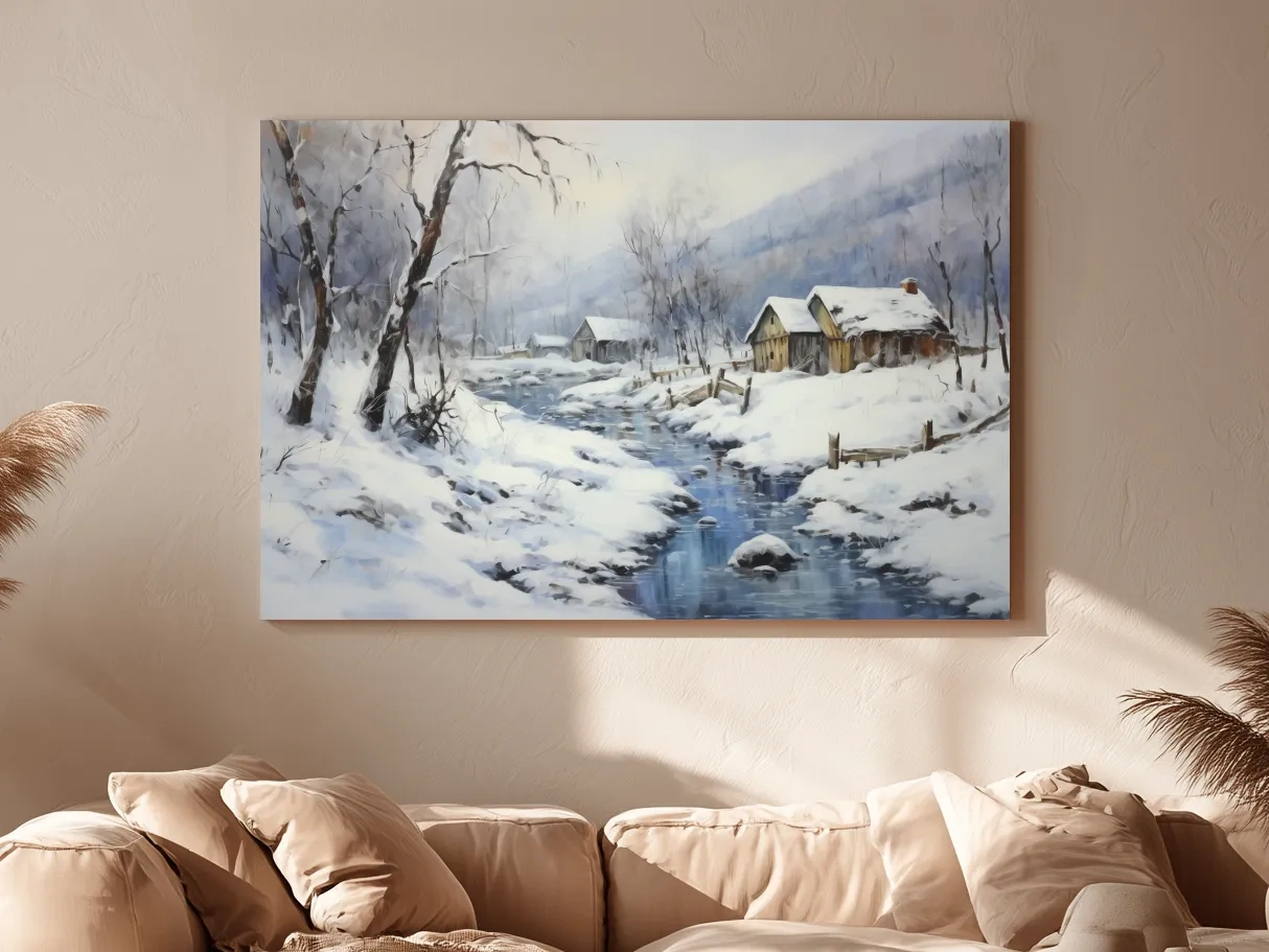 Snowy Winter Cabin Stream Landscape - Serene Rustic Wall Art